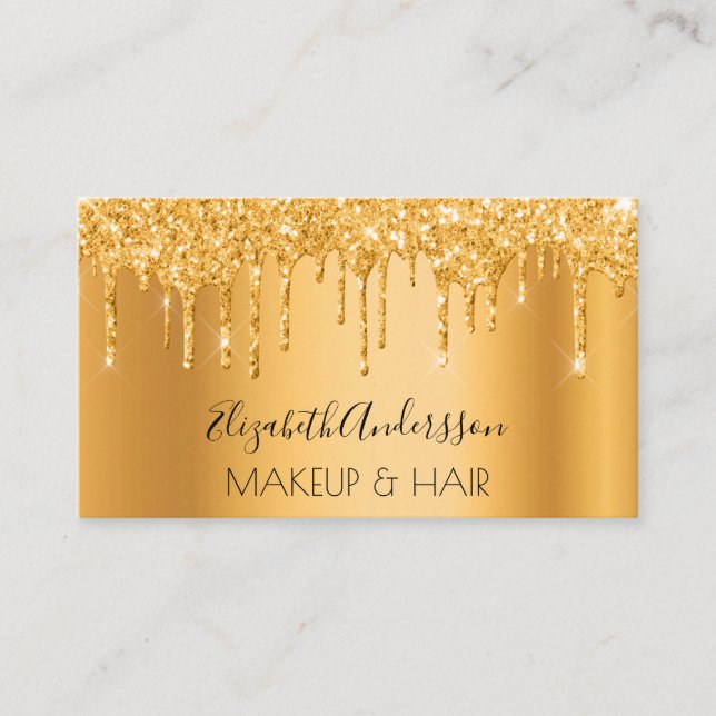 Gold glitter drips metallic makeup hair business card (Front)