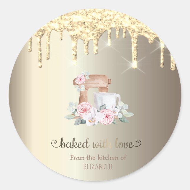 Gold Glitter Drips Mixer Flowers Kitchen Classic Round Sticker (Front)