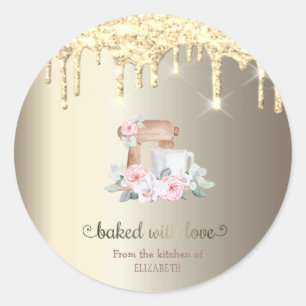 Gold Glitter Drips Mixer Flowers Kitchen Classic Round Sticker