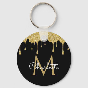 Gold Glitter Drips Monogram Elegant Chic Script Key Ring