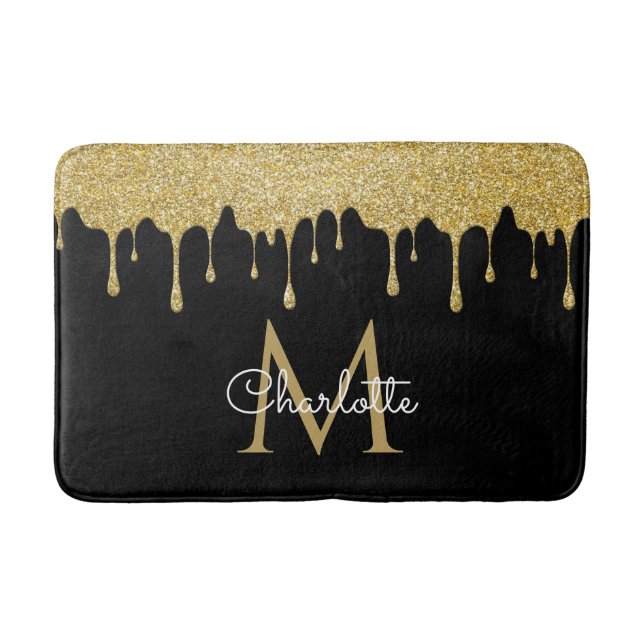 Gold Glitter Drips Monogram Elegant Girly Script Bath Mat (Front)