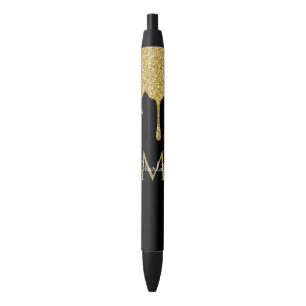 Gold Glitter Drips Monogram Elegant Girly Script Black Ink Pen
