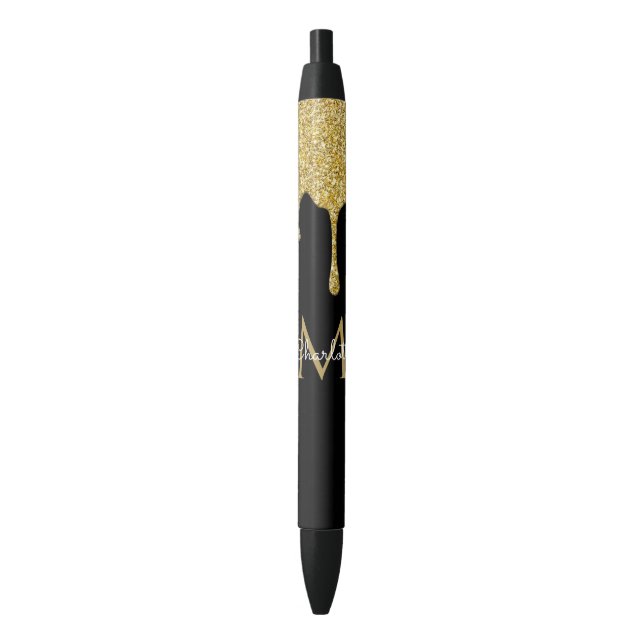 Gold Glitter Drips Monogram Elegant Girly Script Black Ink Pen (Front Vertical)
