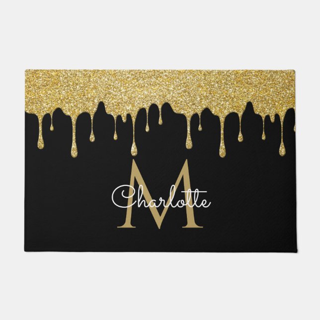Gold Glitter Drips Monogram Elegant Girly Script Doormat (Front)