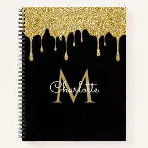Gold Glitter Drips Monogram Elegant Girly Script Notebook