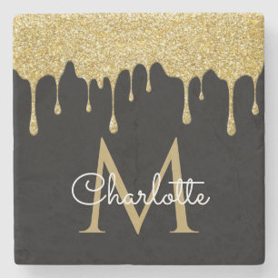 Gold Glitter Drips Monogram Elegant Girly Script Stone Coaster