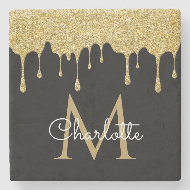 Gold Glitter Drips Monogram Elegant Girly Script Stone Coaster (Front)
