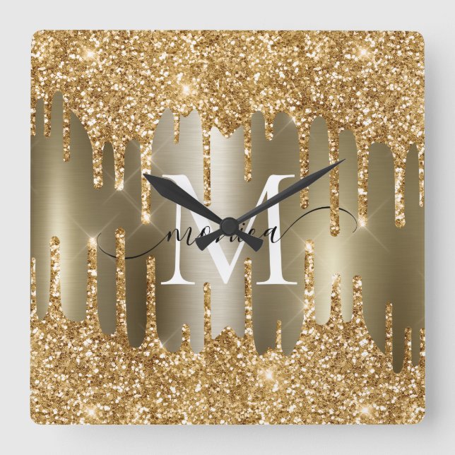 Gold Glitter Drips Monogram Personalized Square Wall Clock (Front)