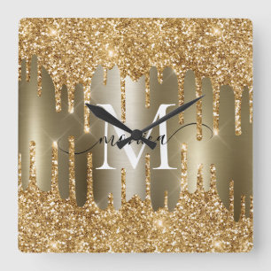 Gold Glitter Drips Monogram Personalized Wall Cloc Square Wall Clock