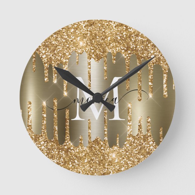 Gold Glitter Drips Monogram Personalized Wall Round Clock (Front)