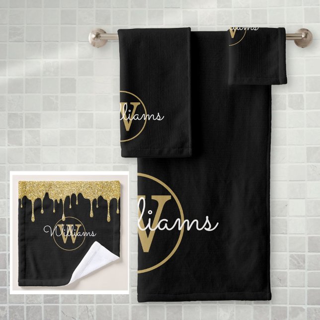 Gold Glitter Drips Monogram Script Name Bath Towel Set (Gold Glitter Drips Monogram Script Name Bath Towel Set)