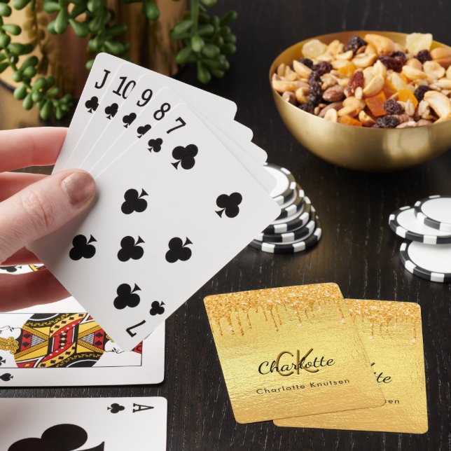 Gold glitter drips monogram sparkle elegant playing cards (In Situ)
