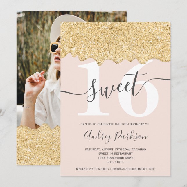 Gold glitter drips photo pastel pink chic Sweet 16 Invitation (Front/Back)