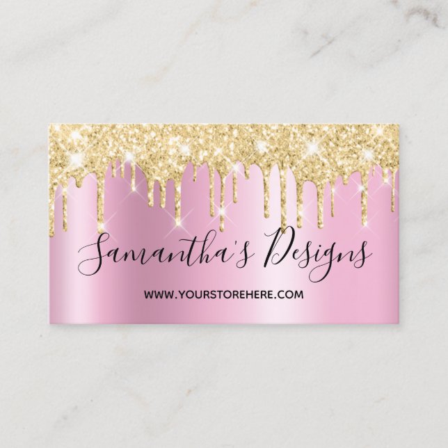Gold Glitter Drips Pink Shimmer Online Store Business Card (Front)
