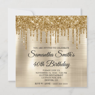 Gold Glitter Drips Platinum Foil 40th Birthday Invitation
