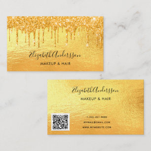 Gold glitter drips QR colde script Business Card