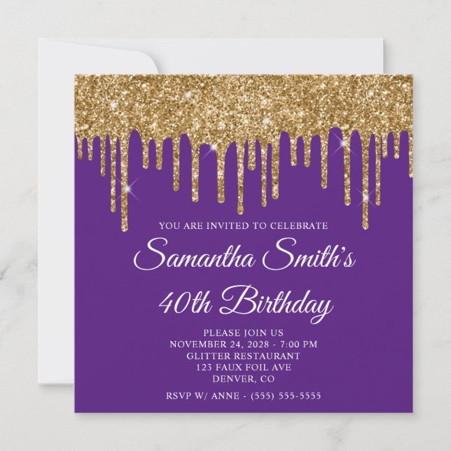 Gold Glitter Drips Royal Purple 40th Birthday Invitation (Front)
