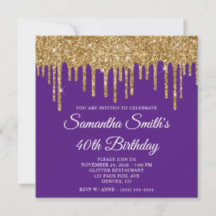 Gold Glitter Drips Royal Purple 40th Birthday Invitation