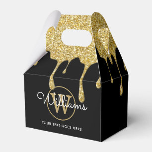 Gold Glitter Drips Script Name Monogram Black Favo Favour Box