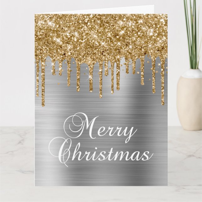 Gold Glitter Drips Silver Metallic Merry Christmas Card (Front)