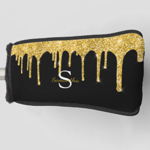 Gold Glitter Drips Sparkle Monogram Name Golf Head Cover