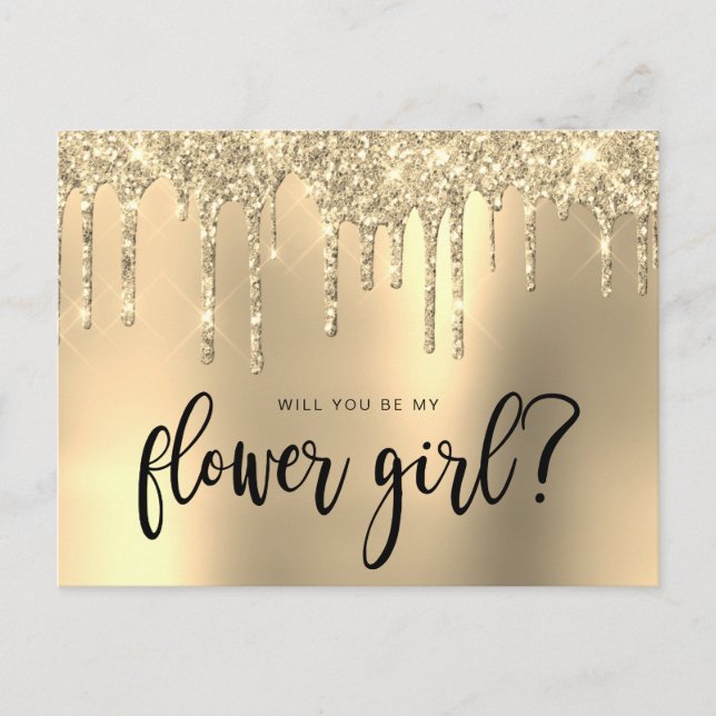 Gold glitter drips will you be my flower girl invitation postcard (Front)