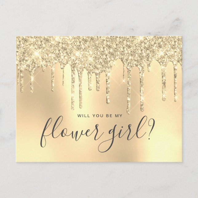 Gold glitter drips will you be my flower girl invitation postcard (Front)