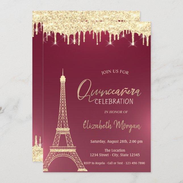 Gold Glitter Drops Eiffel Tower Red Quinceanera Invitation (Front/Back)