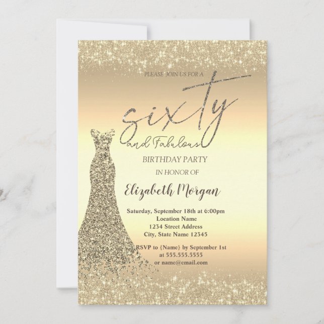 Gold Glitter Dust Border Dress 60th Birthday  Invitation (Front)