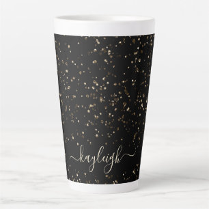 Gold Glitter Dust on Black Personalised Latte Mug
