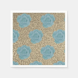 Gold Glitter Dusty Blue Rose Bridal Shower Wedding Napkin