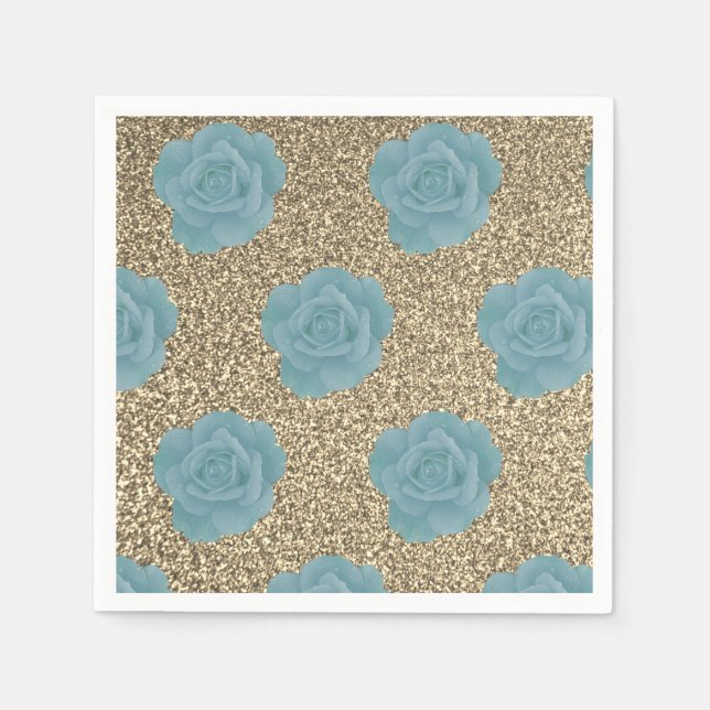 Gold Glitter Dusty Blue Rose Bridal Shower Wedding Napkin (Front)