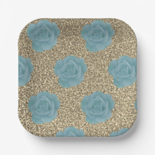 Gold Glitter Dusty Blue Rose Bridal Shower Wedding Paper Plate