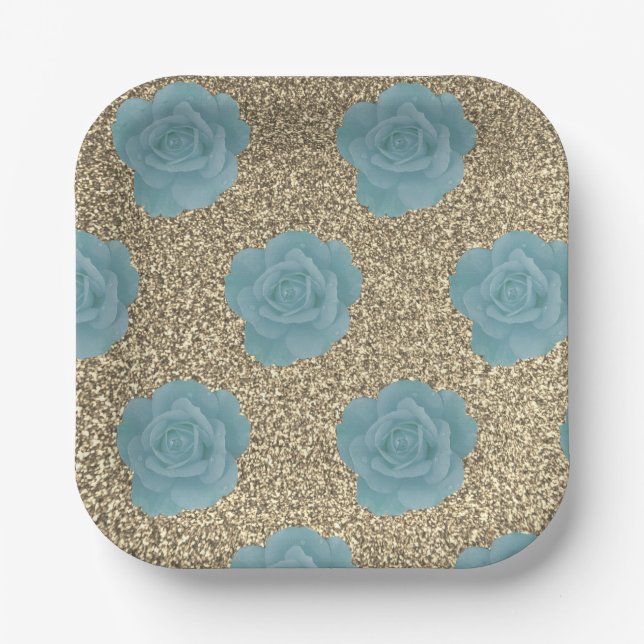 Gold Glitter Dusty Blue Rose Bridal Shower Wedding Paper Plate (Front)