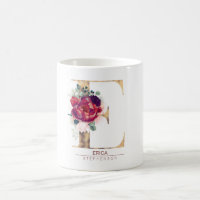 Gold Glitter E Monogram Floral Burgundy Red