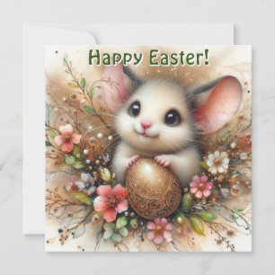 Gold Glitter Easter Egg and Mouse Pink Floral Holiday Card
