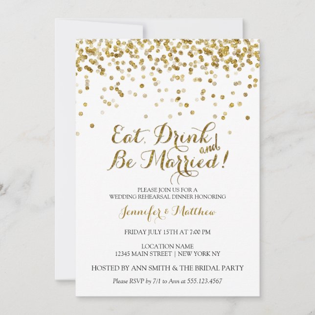 Gold Glitter Eat Drink Be Married Rehearsal Dinner Invitation (Front)