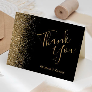 Gold Glitter Edge Black Wedding Thank You Card