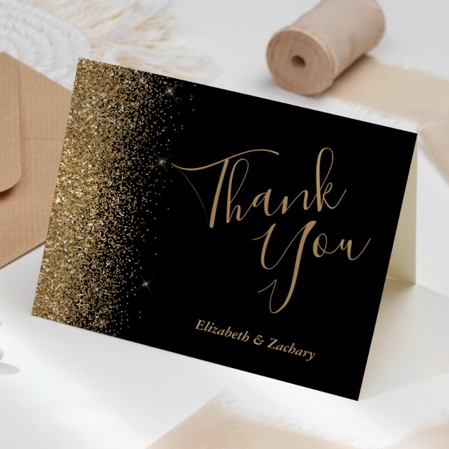 Gold Glitter Edge Black Wedding Thank You Card (Creator Uploaded)