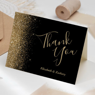 Gold Glitter Edge Black Wedding Thank You Card