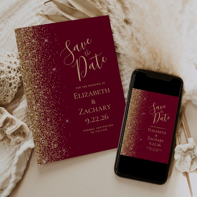 Gold Glitter Edge Burgundy Red Save the Date Announcement (Creator Uploaded)