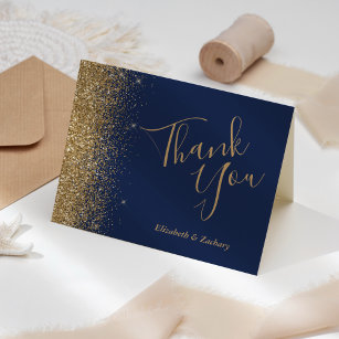 Gold Glitter Edge Navy Blue Wedding Thank You Card