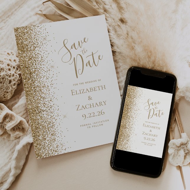 Gold Glitter Edge White Save the Date Announcement (Creator Uploaded)