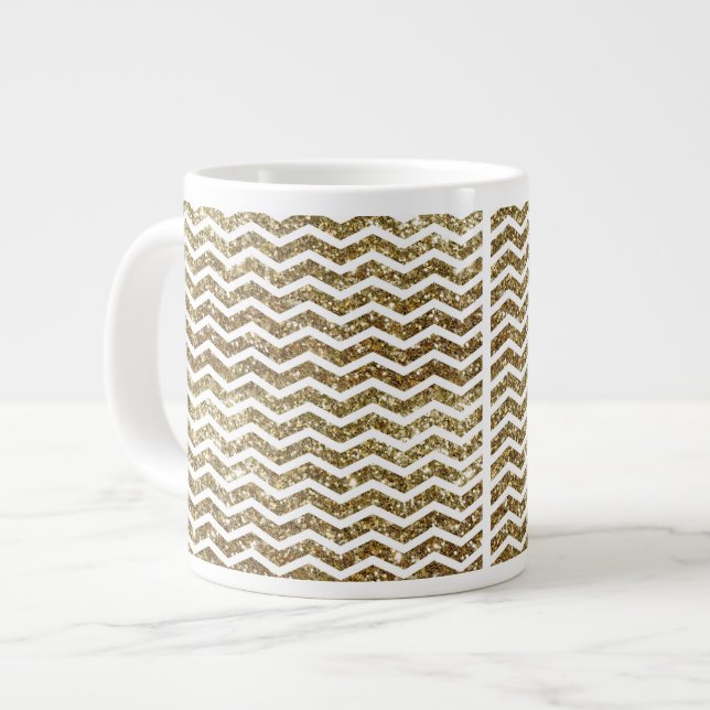 Gold Glitter Effect Elegant Chevron Zig-Zag Large Coffee Mug (Front Left)