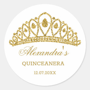 Gold glitter effect tiara Quinceanera Classic Round Sticker