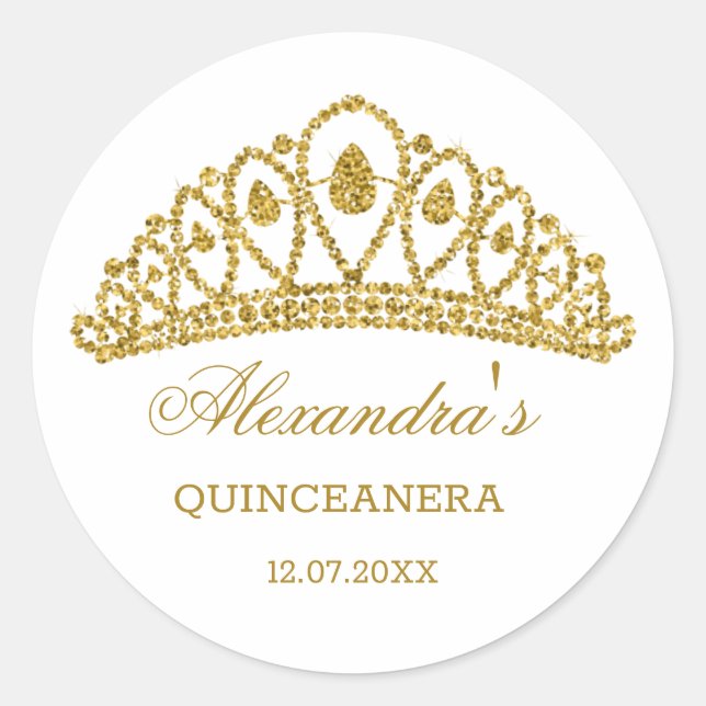 Gold glitter effect tiara Quinceanera Classic Round Sticker (Front)
