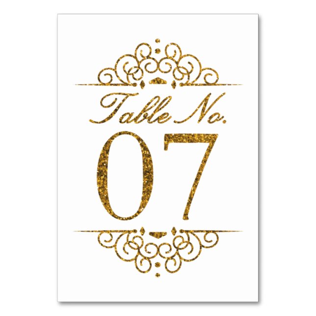 Gold Glitter Effect Wedding Table Number Card (07) (Front)