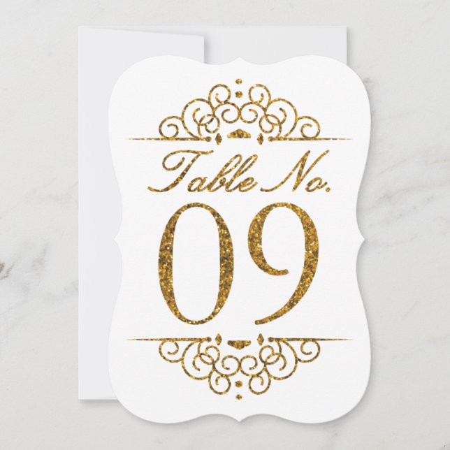 Gold Glitter Effect Wedding Table Number Card (09) (Front)
