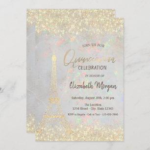 Gold Glitter Eiffel Confetti Opal Quinceañera  Invitation