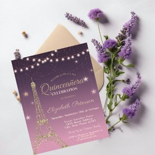 Gold Glitter Eiffel Tower,Burgundy  Quinceañera Invitation